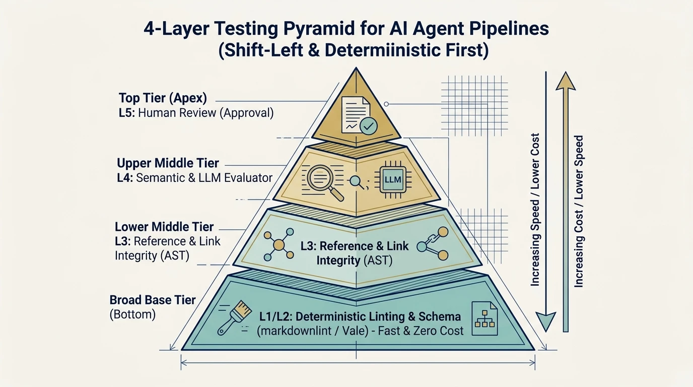 AIエージェントパイプラインにおける4層の階層化防御ピラミッド。土台の決定論的リント（L1/L2）、参照整合性（L3）、意味論的LLM評価（L4）、頂点の人間レビュー（L5）で構成されている